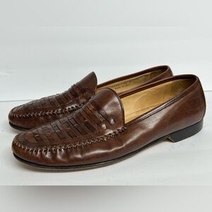 Johnston & Murphy Italy Handwoven Stitched Brown Leather Loafers Men Size 13 M